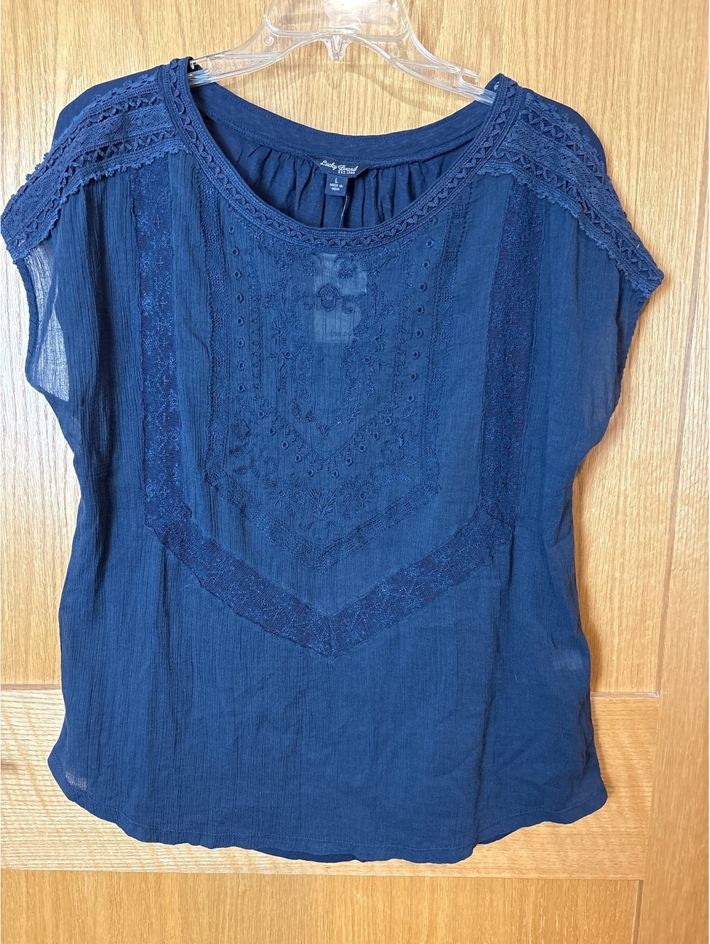 Lucky Brand Navy Blue Embroidered Lace Detail Blouse Size L